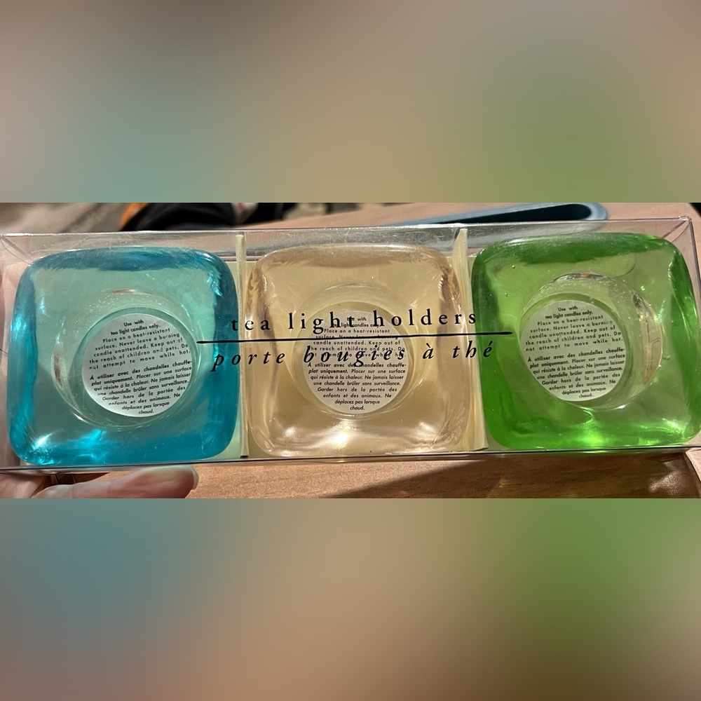 VTG Set of 3 Pier 1 Imports Glass Tea Light Holders Blue Pink Green NIB